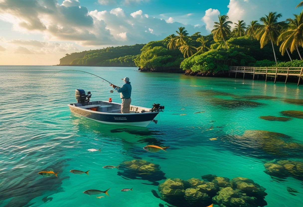 An angler casting a fishing line from a small boat on clear turquoise waters near a tropical coastline with palm trees and jungle in the background.