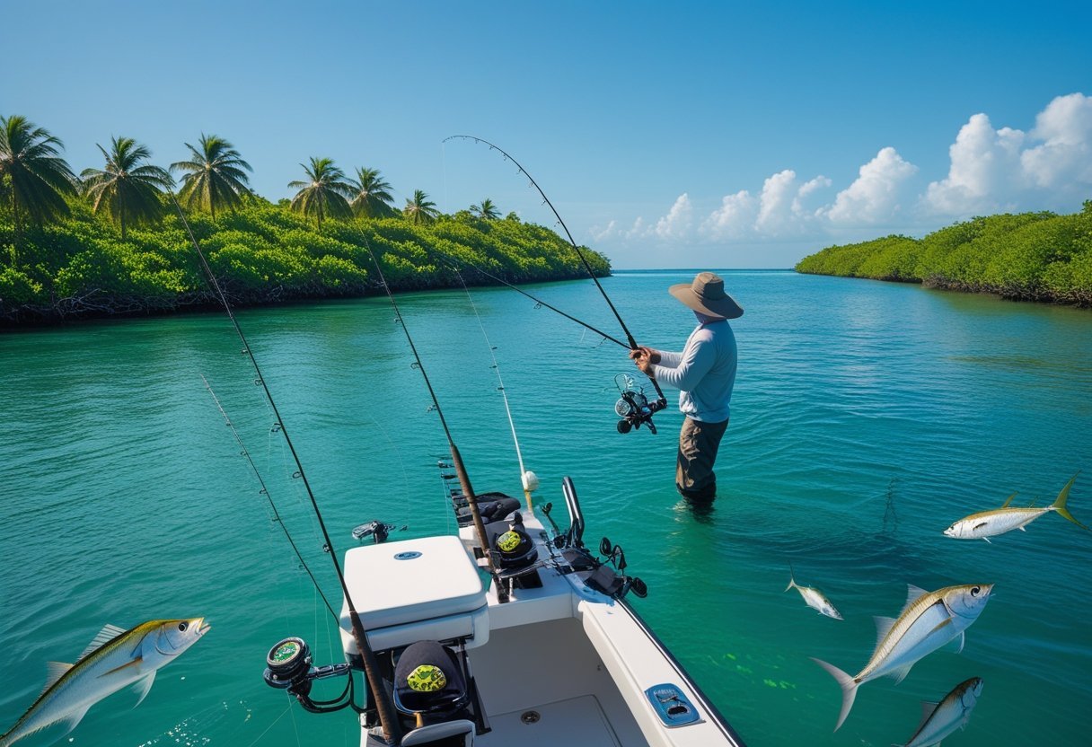A person fishing from a boat on calm tropical waters near green mangroves under a clear sky.
