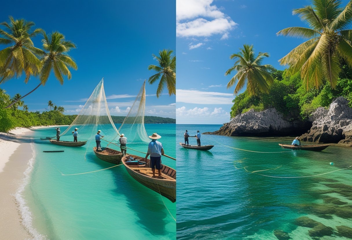Coastal scene in Panama showing fishermen casting nets from wooden boats on one side and anglers fishing from rocky shore on the other, with palm trees and clear skies.