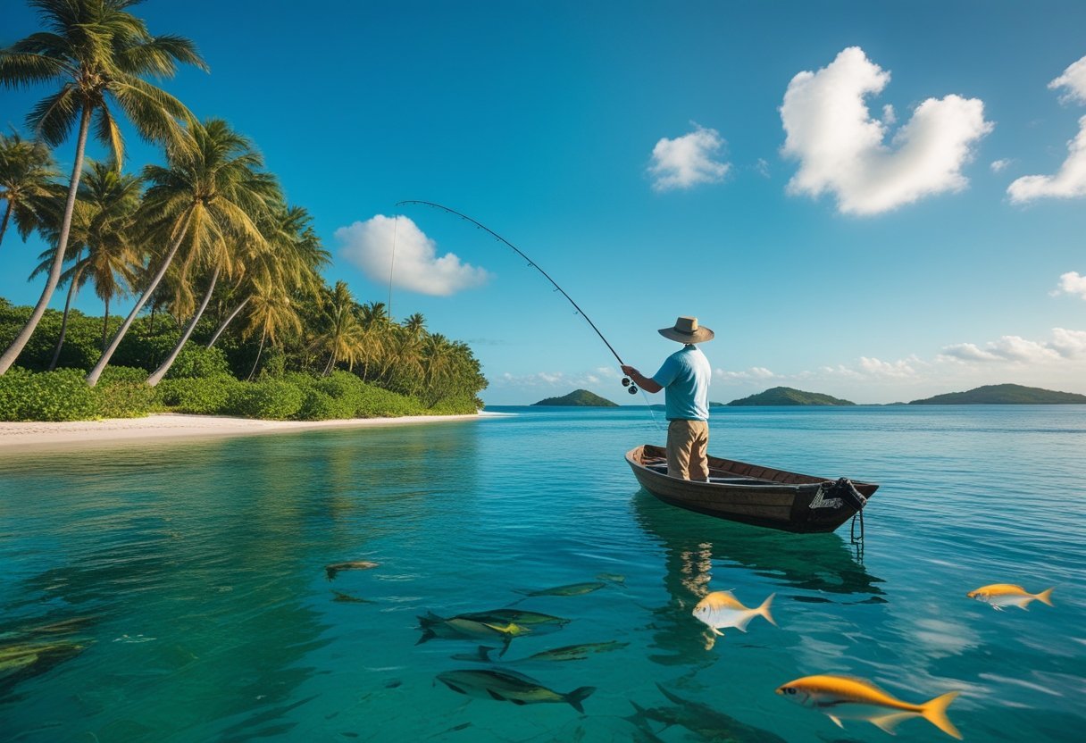 A person fishing from a small boat on clear blue tropical waters near a palm-lined shore with distant islands under a sunny sky.