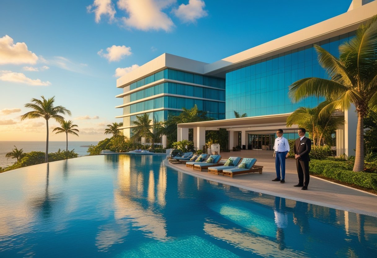 Luxurious hotel exterior with palm trees, infinity pool, and a city skyline view in the background.