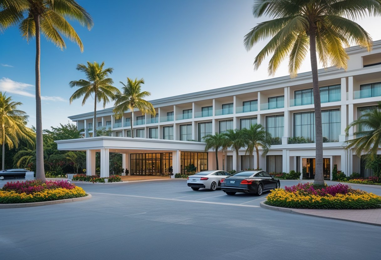 Exterior view of a luxury hotel in Panama with palm trees and clear blue sky.