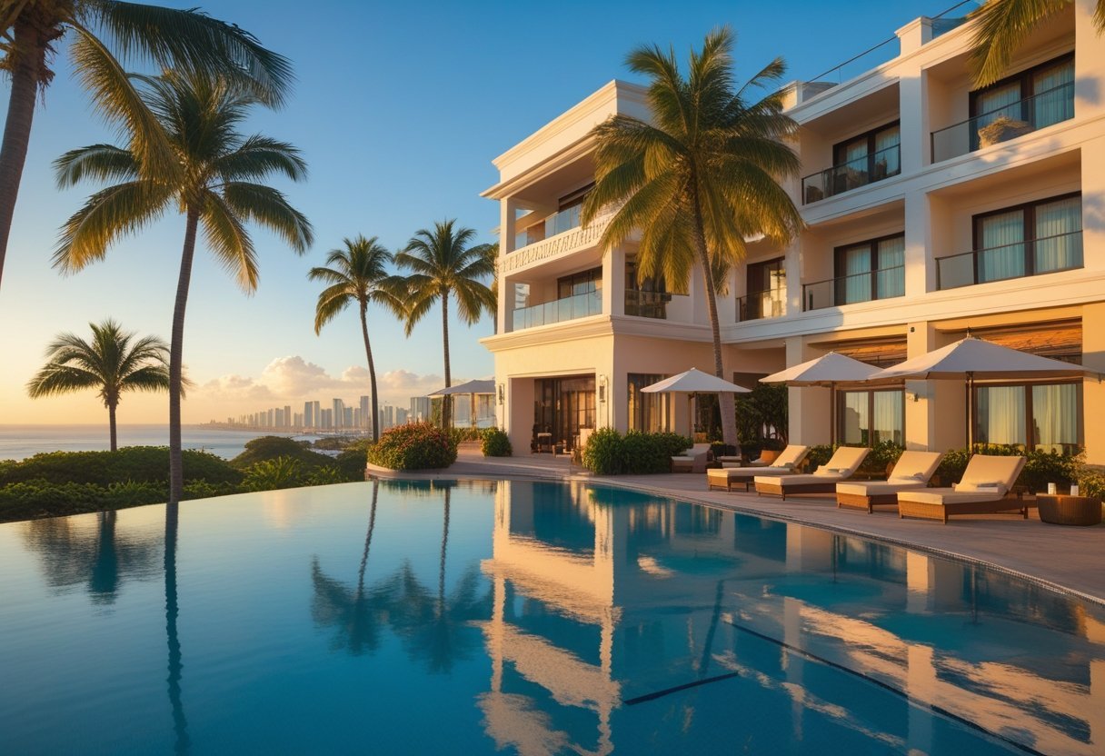 A luxurious hotel with an infinity pool surrounded by palm trees and tropical plants, overlooking a city skyline and clear sky.