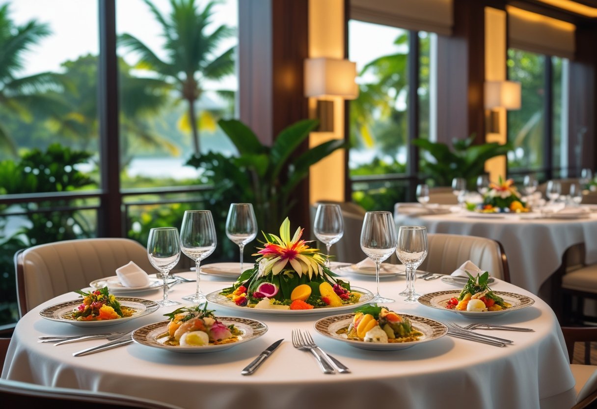 A luxurious dining table set with gourmet dishes and elegant tableware in a bright, upscale hotel restaurant with tropical greenery visible through large windows.