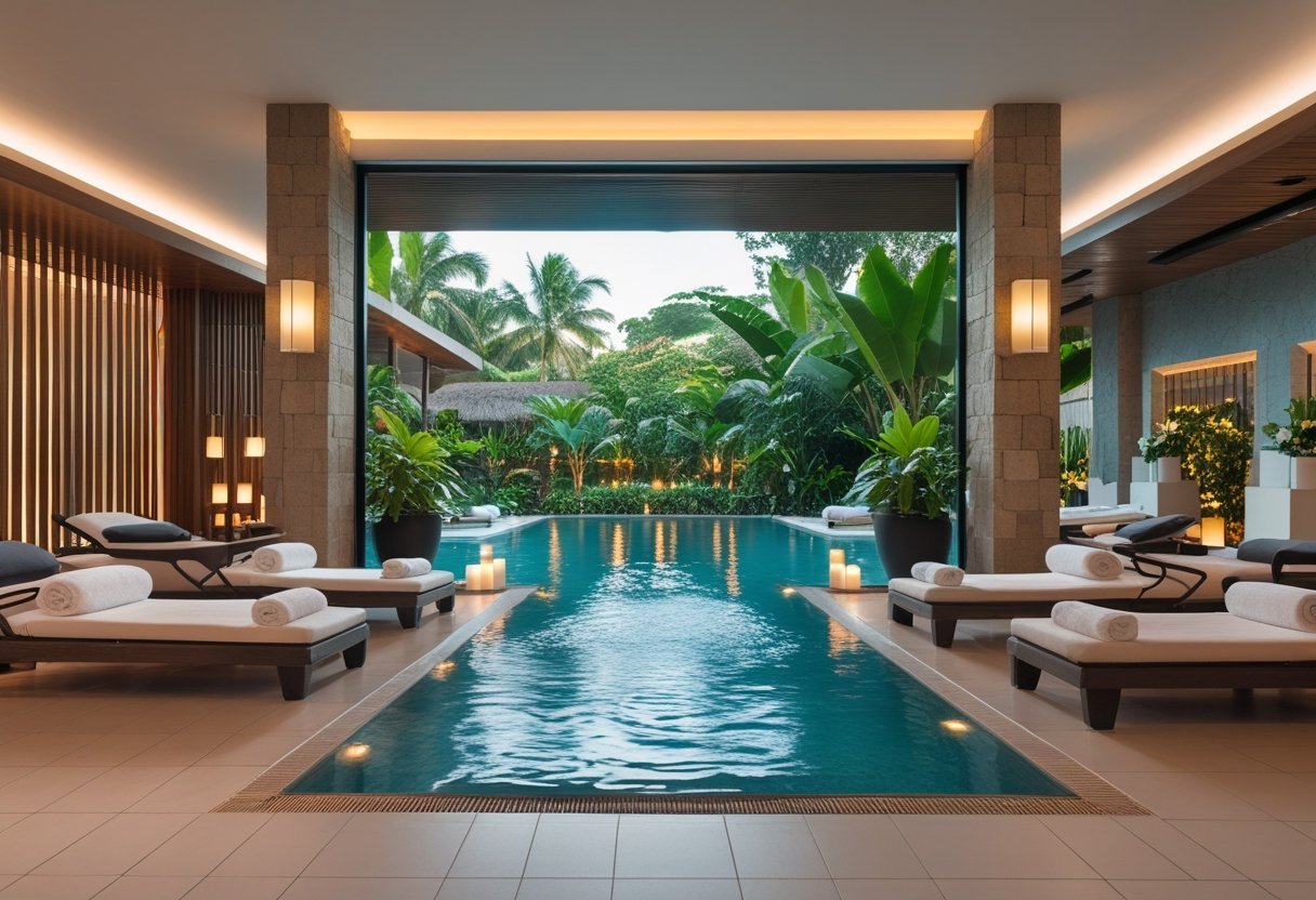 Indoor luxury spa area with a pool, lounge chairs, tropical garden view, and a massage table in the background.