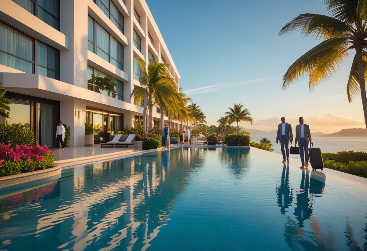 A modern luxury hotel in Panama with an outdoor pool, tropical plants, and travelers enjoying the sunny setting.