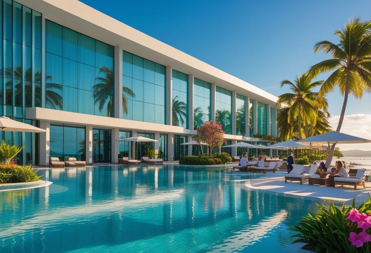 A modern luxury hotel in Panama with an infinity pool, palm trees, and guests enjoying the outdoor area.