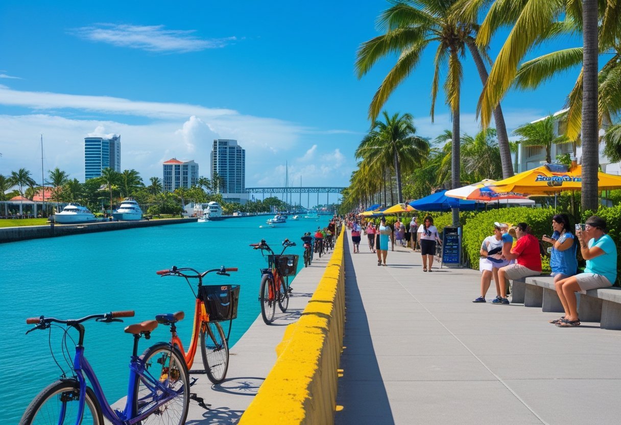 People biking and walking along a waterfront pathway with boats in the water and city buildings in the background at Amador Causeway, Panama.