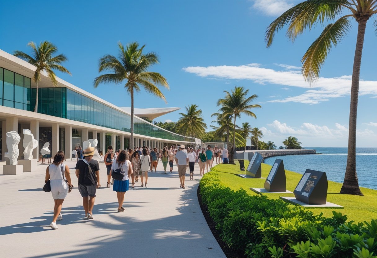 Tourists walking and exploring outdoor museum area with modern buildings, sculptures, palm trees, and ocean view at Amador Causeway in Panama.
