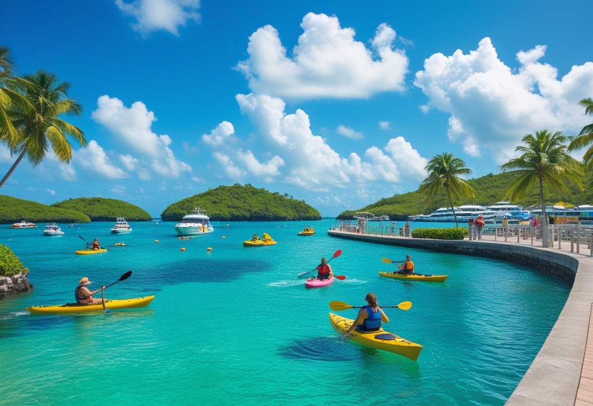 People enjoying water activities like kayaking and paddleboarding near tropical islands with palm trees and boats at Amador Causeway, Panama.