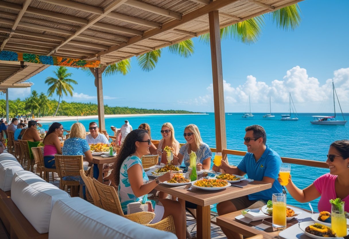 Tourists enjoying seafood dishes and drinks at an outdoor restaurant on Amador Causeway with ocean and palm trees in the background.