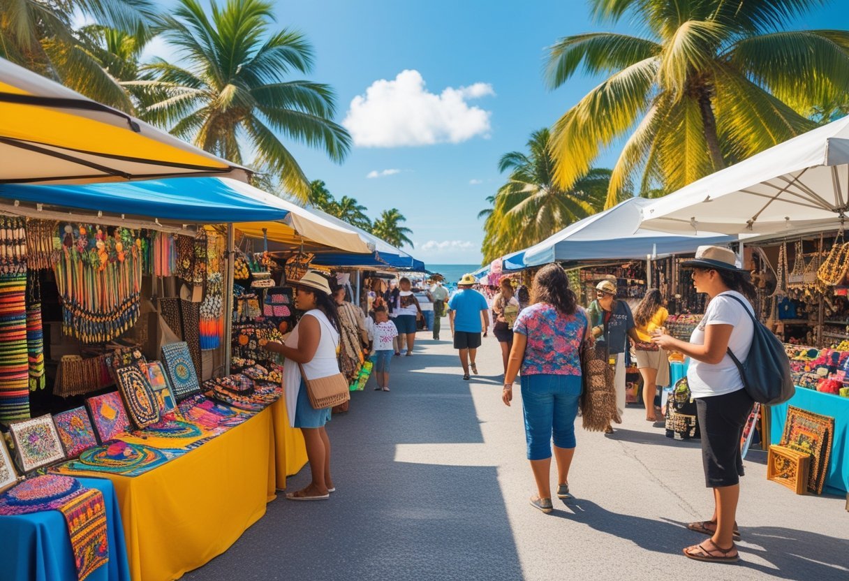 Shoppers browsing colorful artisan market stalls with palm trees and ocean in the background at Amador Causeway, Panama.