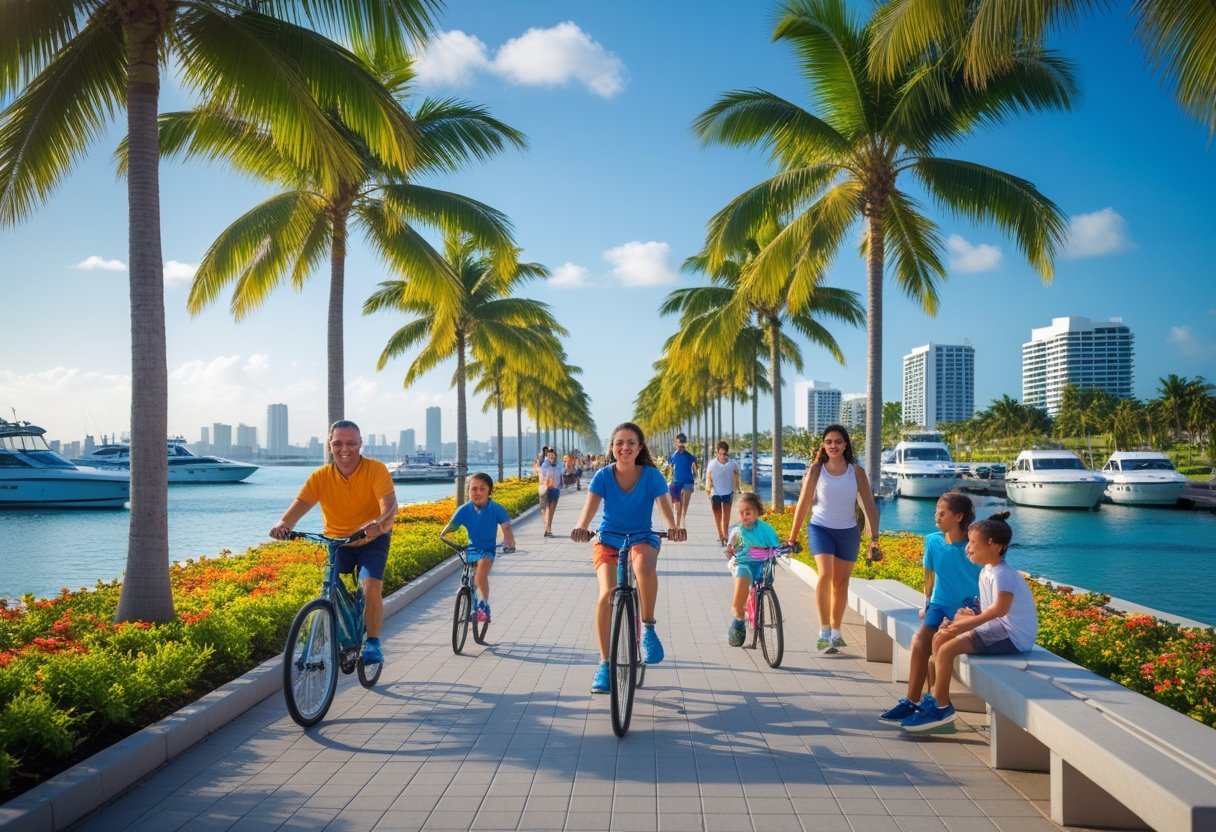 Families and children enjoying outdoor activities along a waterfront promenade with palm trees, boats in the marina, and a clear sky.