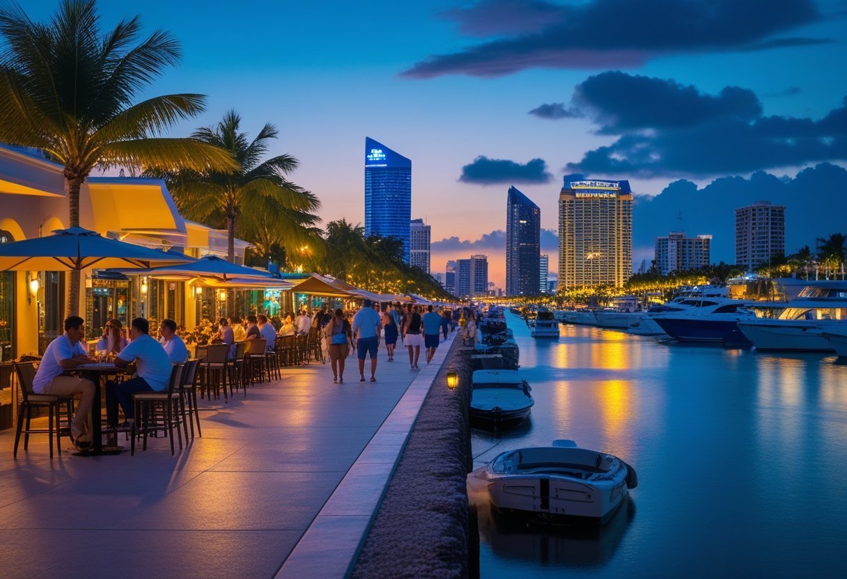 People enjoying a lively evening at a waterfront promenade with city skyline and boats in the background.