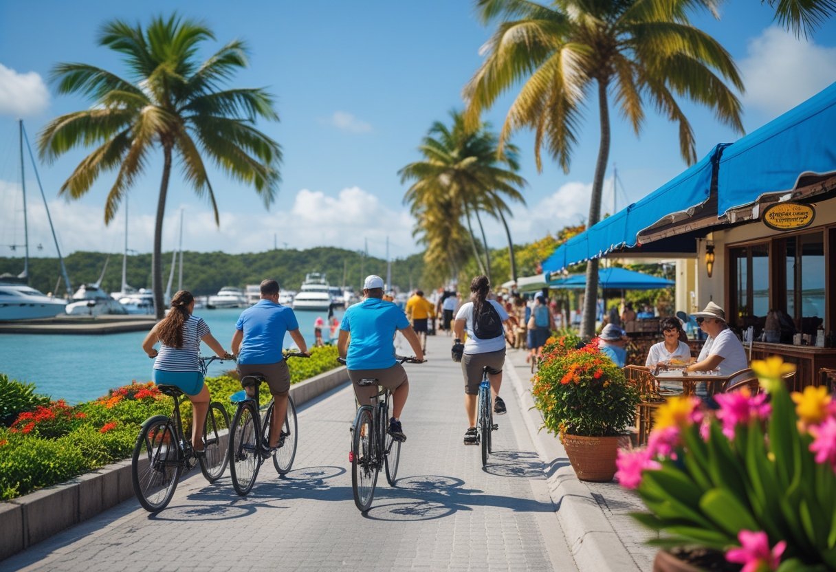 Tourists cycling, walking, and relaxing by the water at Amador Causeway with boats docked in the marina and palm trees nearby.