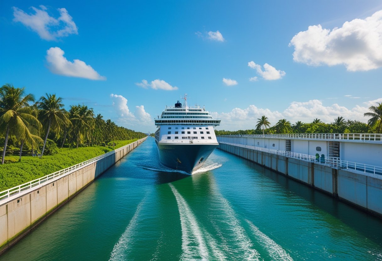 A large cruise ship sailing through the Panama Canal surrounded by green tropical vegetation under a clear blue sky.