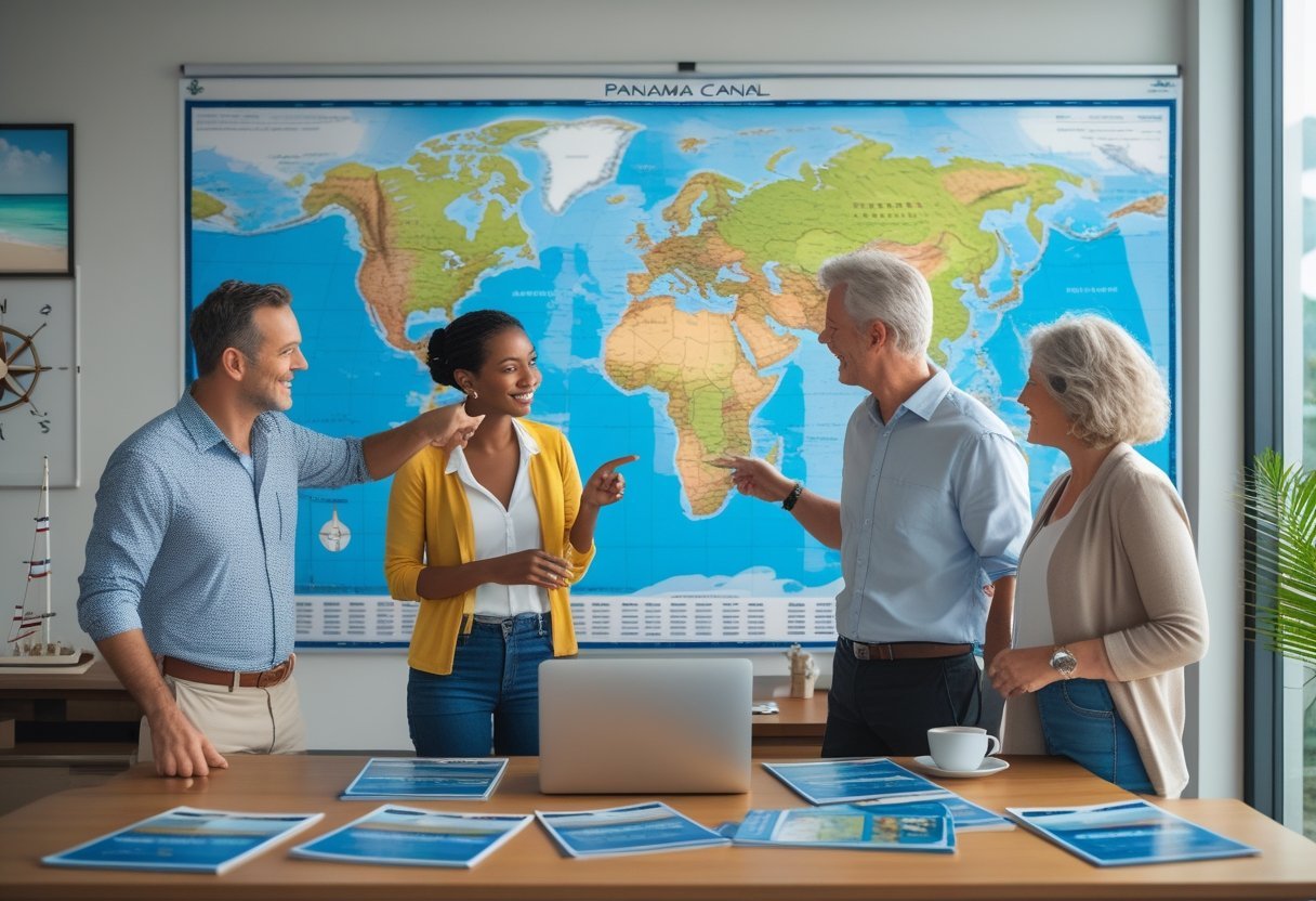 A group of people discussing travel plans around a desk with a world map showing the Panama Canal and cruise brochures.