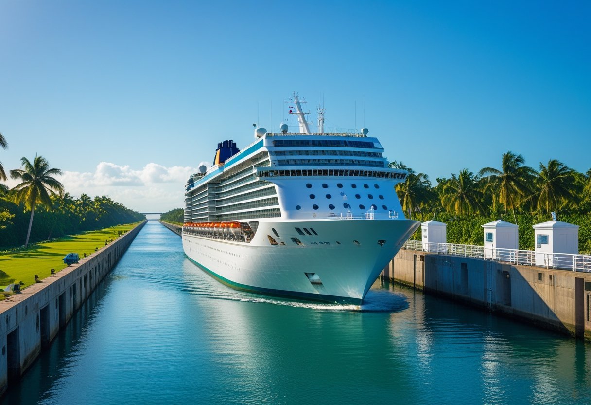 A large cruise ship sailing through the Panama Canal surrounded by green tropical landscape and canal lock structures under a clear sky.