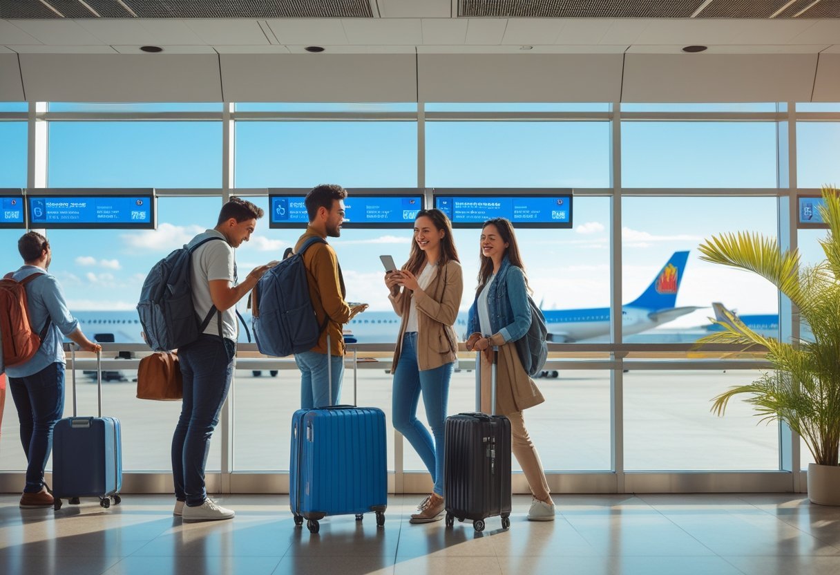 A couple with luggage in an airport lounge looking at a smartphone, with an airplane taking off outside large windows and travel-related decorations representing Barcelona and Panama.