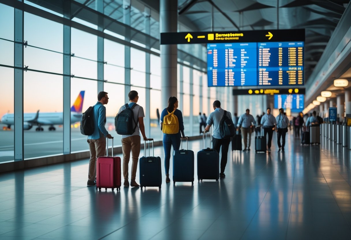 Busy airport terminal with travelers and airplanes visible outside through large windows.