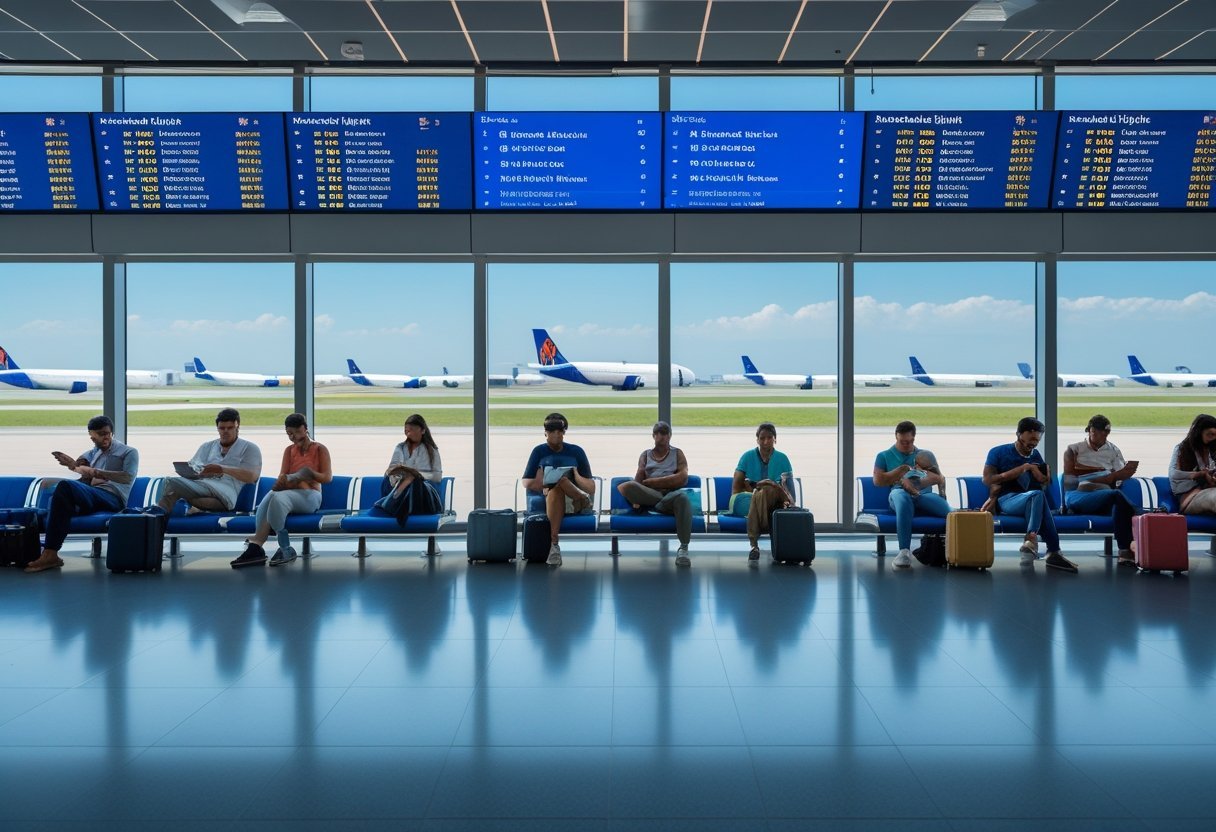 Travelers waiting in a modern airport terminal with large windows showing airplanes on the runway.