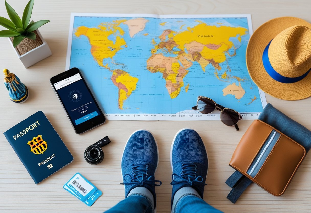 Flat lay of travel items including passport, smartphone, sunglasses, camera, map, shoes, travel wallet, and toiletry kit on a wooden surface with small models representing Barcelona and Panama.