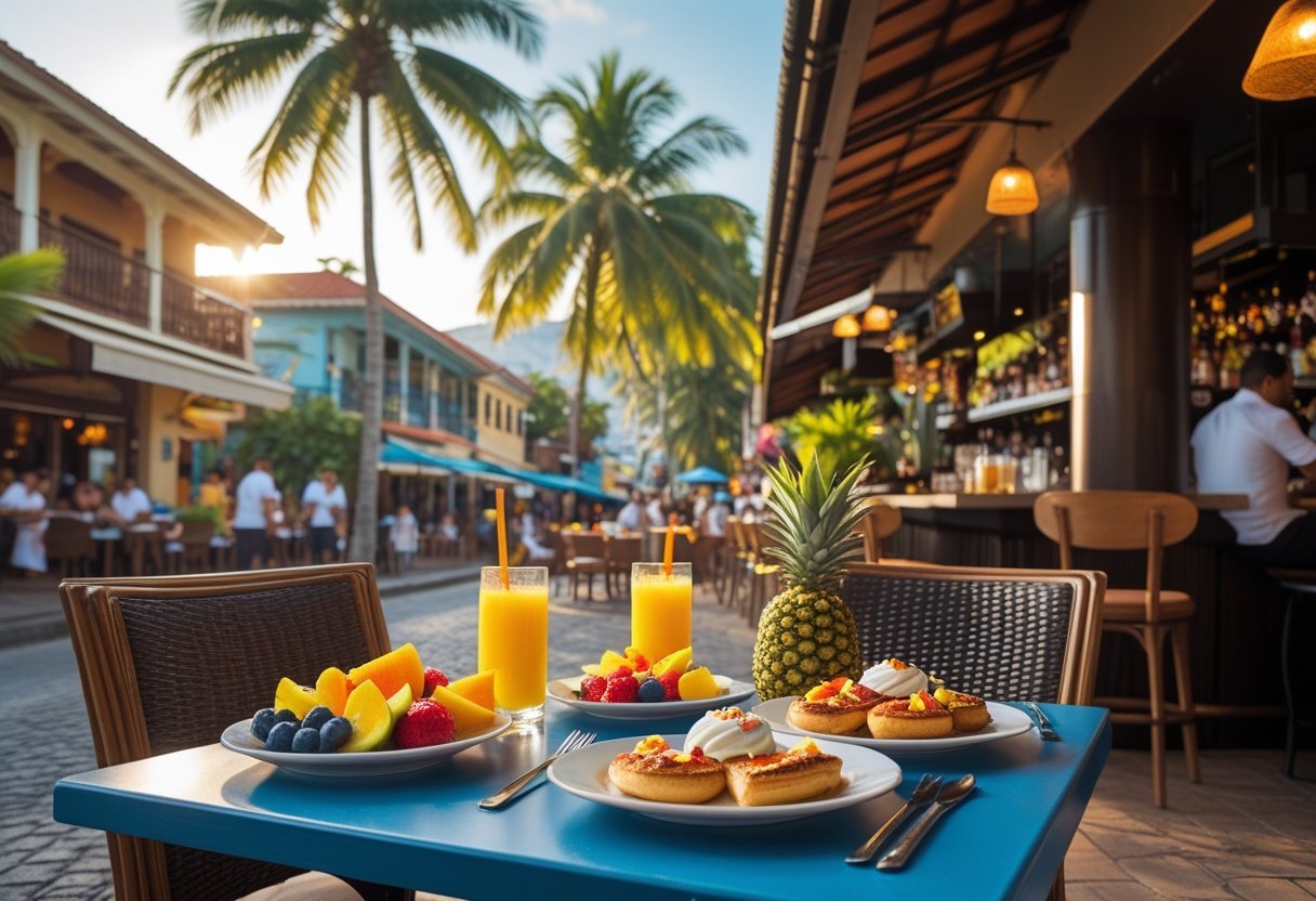 Outdoor breakfast table with tropical fruits and pastries in Panama, with people and palm trees in the background near a bar.