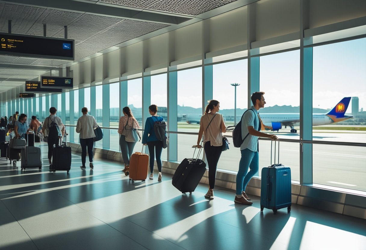 Travelers waiting in a busy airport lounge with an airplane visible outside the large windows.
