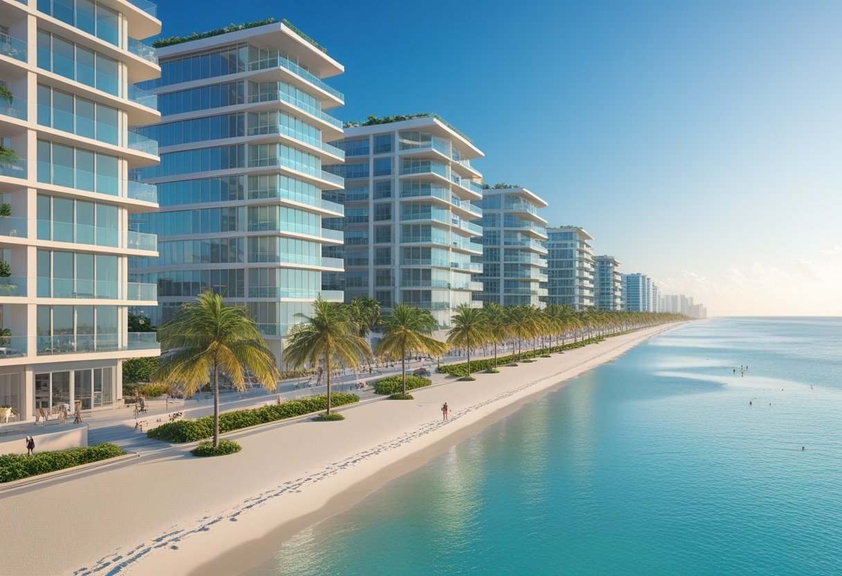 Modern beachfront apartments and condos overlooking a sandy beach and turquoise ocean with palm trees and people enjoying the shore.