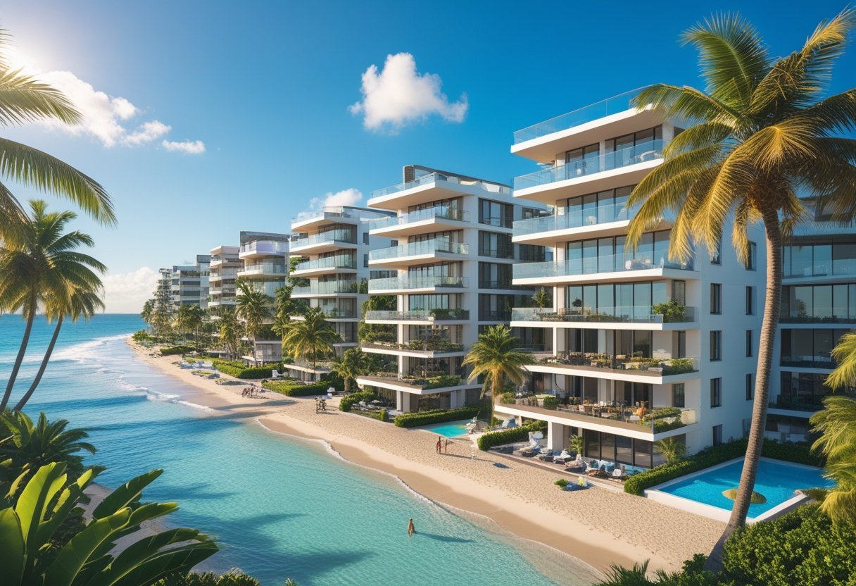View of modern beachfront apartments and condos by the ocean with palm trees and a sandy beach under a clear blue sky.