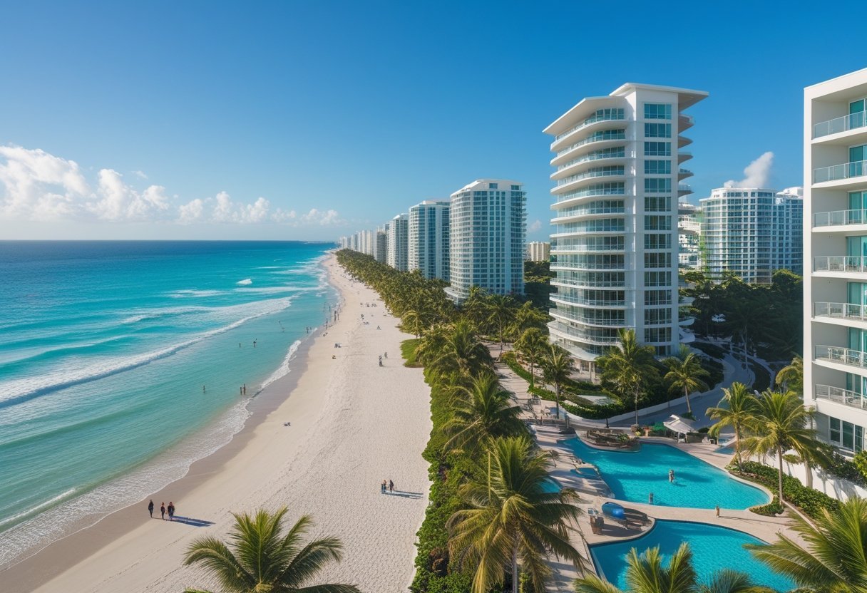 Coastal cityscape with beachfront condos, sandy beach, ocean, palm trees, and people enjoying the area.
