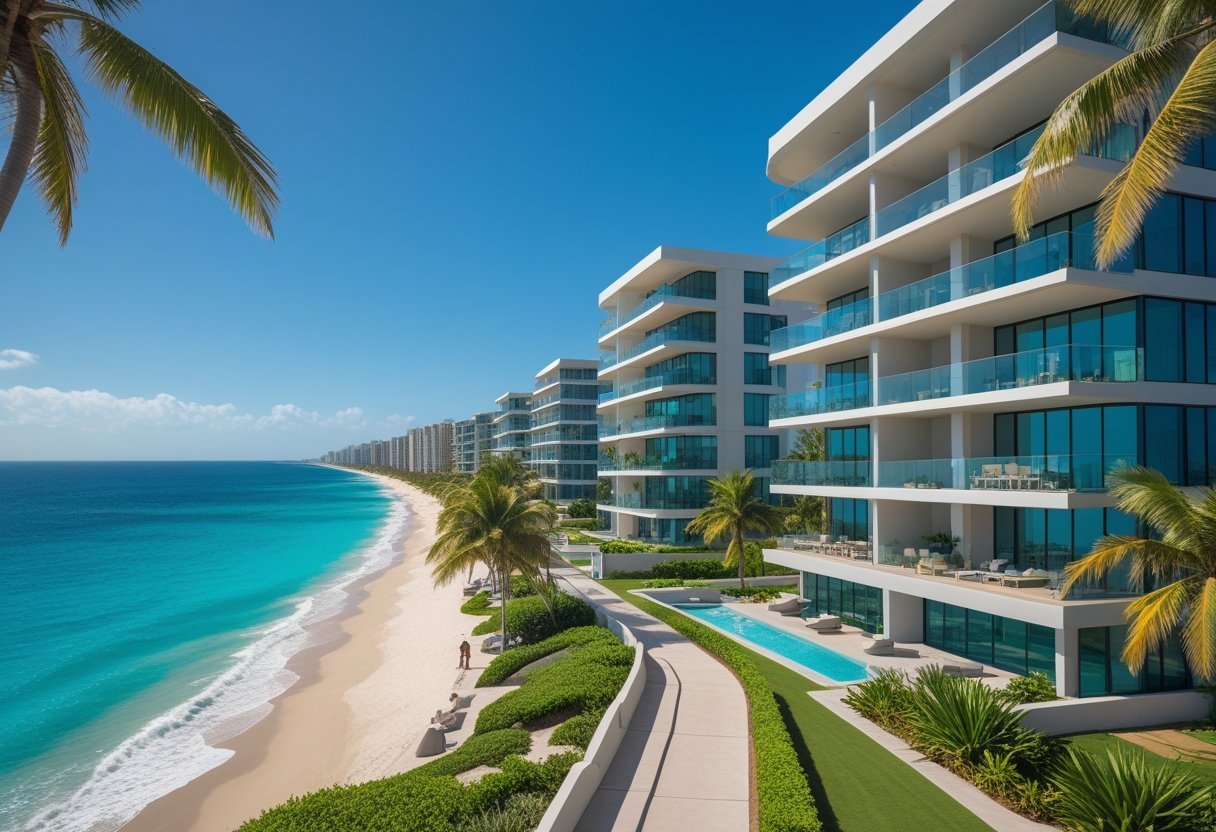 Modern beachfront apartments and condos overlooking a sandy beach and ocean with palm trees and people walking along a pathway.