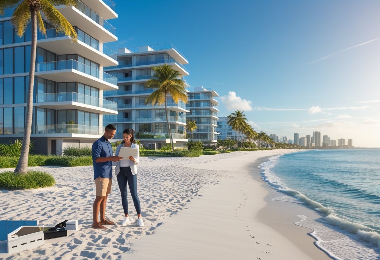 A couple reviewing property plans near a modern beachfront apartment complex with ocean and palm trees in the background.