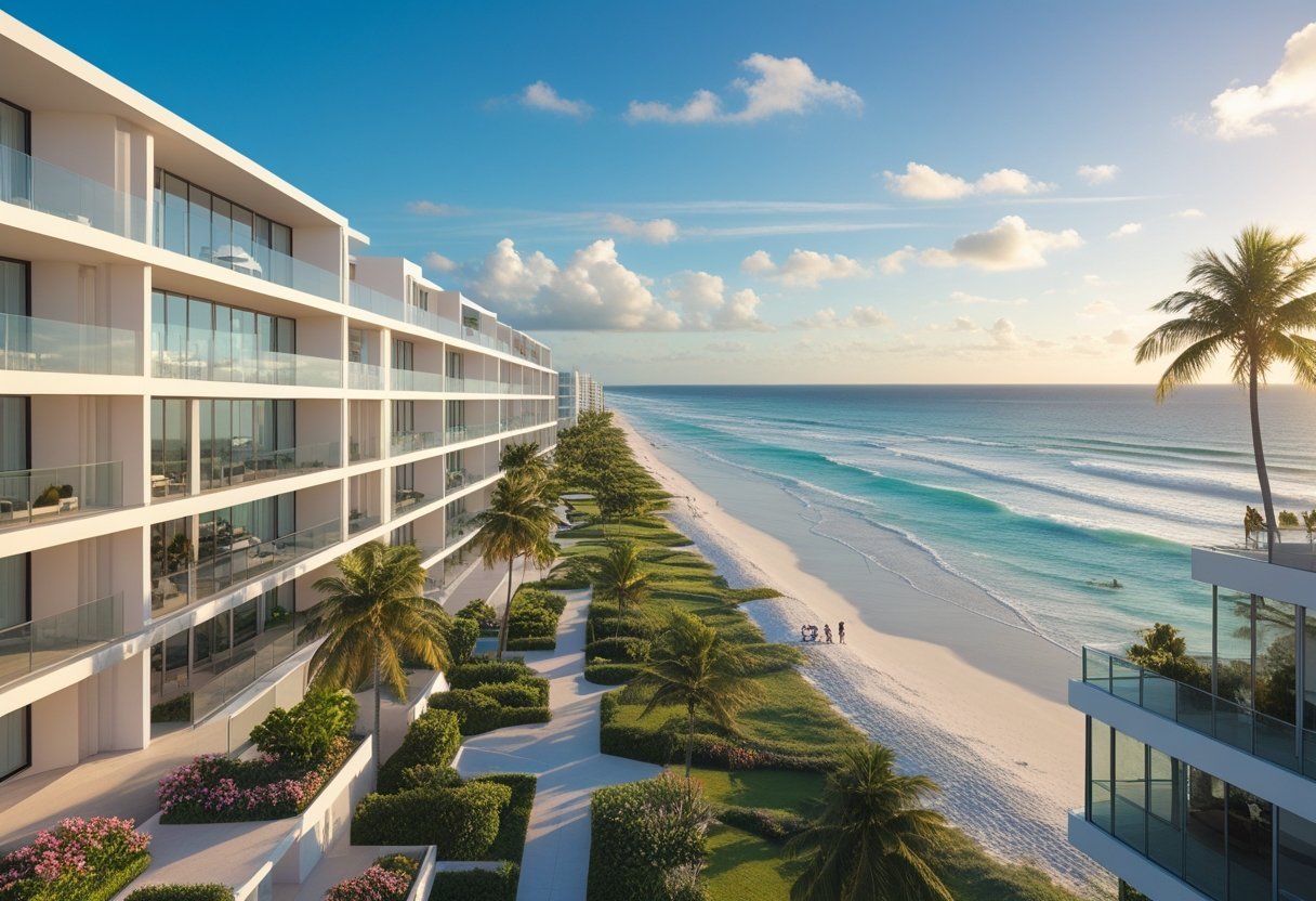 Modern beachfront condominiums overlooking a sandy beach and turquoise ocean with palm trees and clear blue sky.