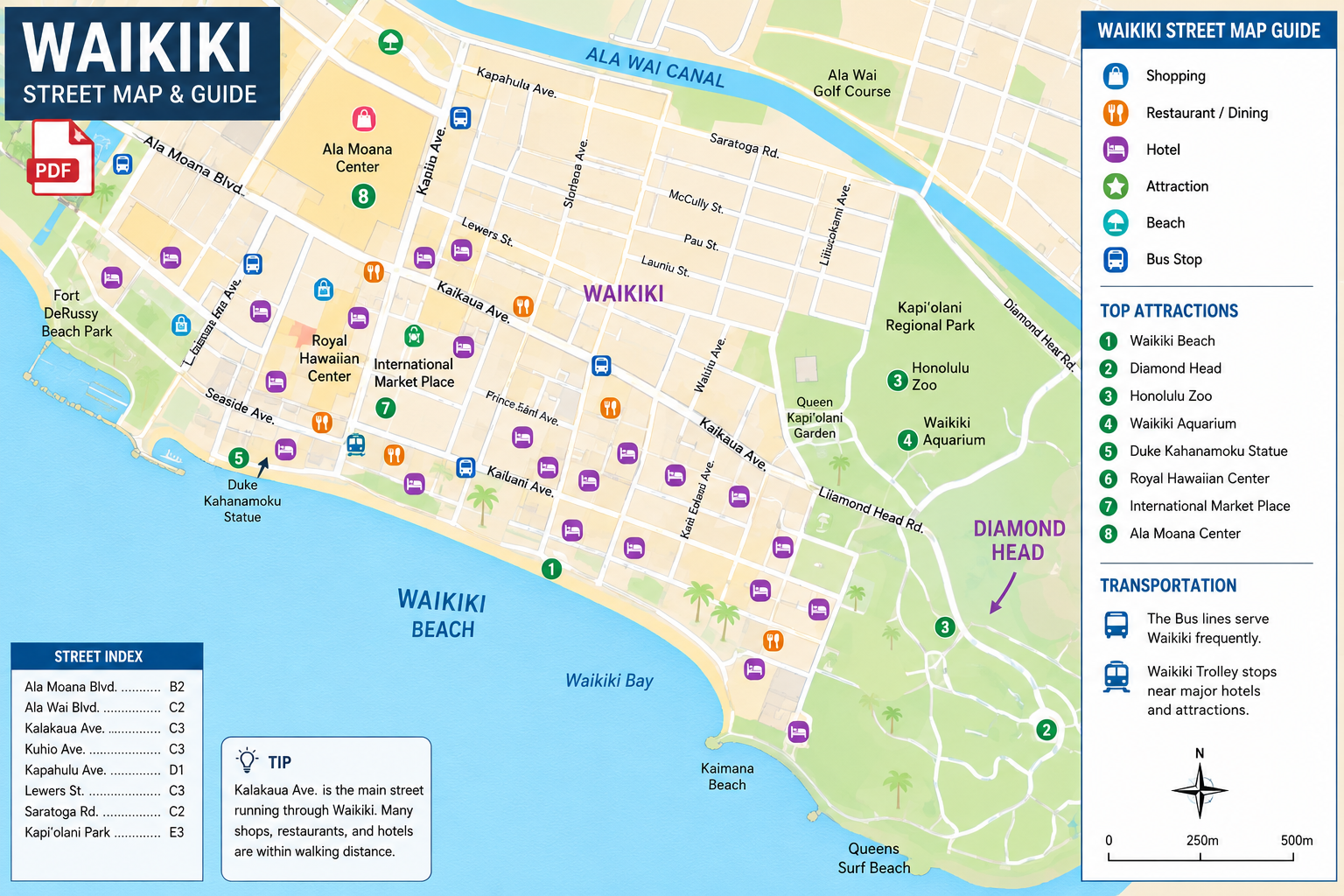 Street Map of Waikiki Beachfront Hotels